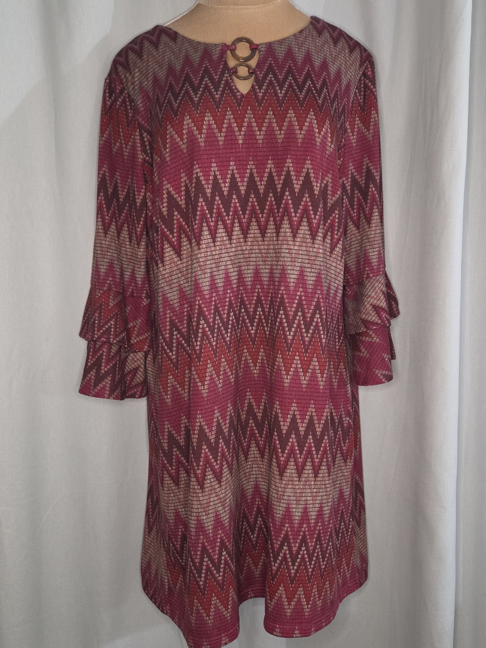 Tacera Women’s Chevron-Print Ruffle Sleeve Dress Size XL in Burgandy